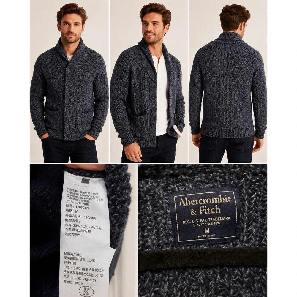 Abercrombie & Fitch Mens Vintage Professor Cardigan Shawl Neck Wool Blend Navy M